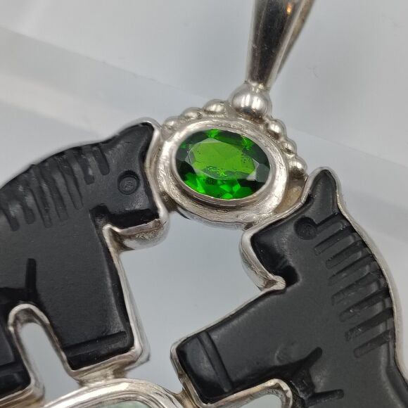 Vintage Sajen Sterling Silver 925 Carved Horse Onyx Seraphinite Peridot Pendant - Picture 9 of 14